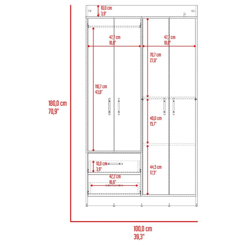 Clóset Houston, Cartagena y Wengue , con Cuatro Puertas Batientes y Dos Cajones con Amplio Espacio de Almacenamiento