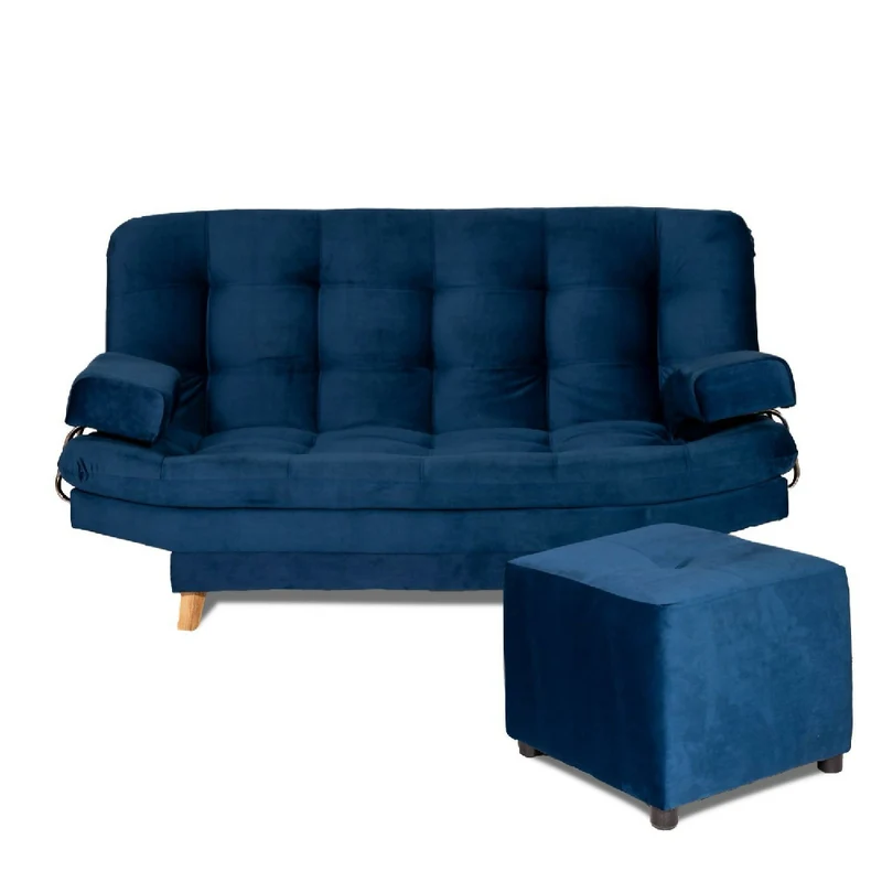 Sofá Cama Valencia Azul Petróleo + Puff