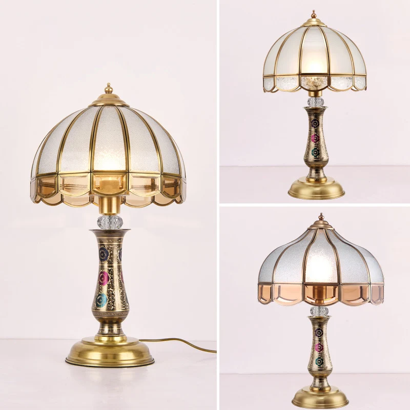 Traditional European Dome Brass Glass 1-Light Table Lamp For Bedroom