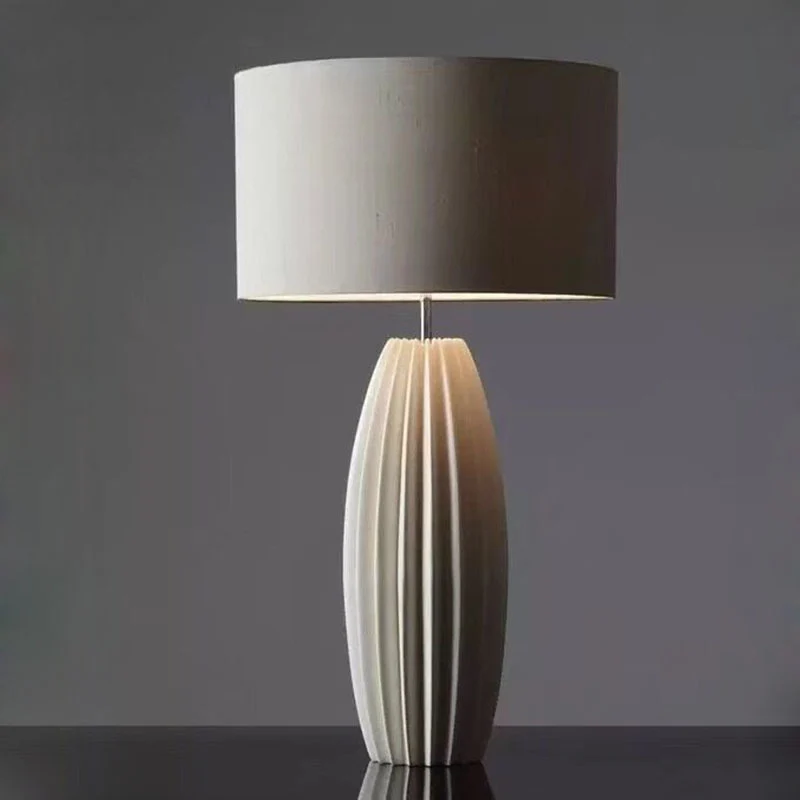 Contemporary Scandinavian Distressed Cylinder Round Fabric Ceramic 1-Light Table Lamp For Living Room
