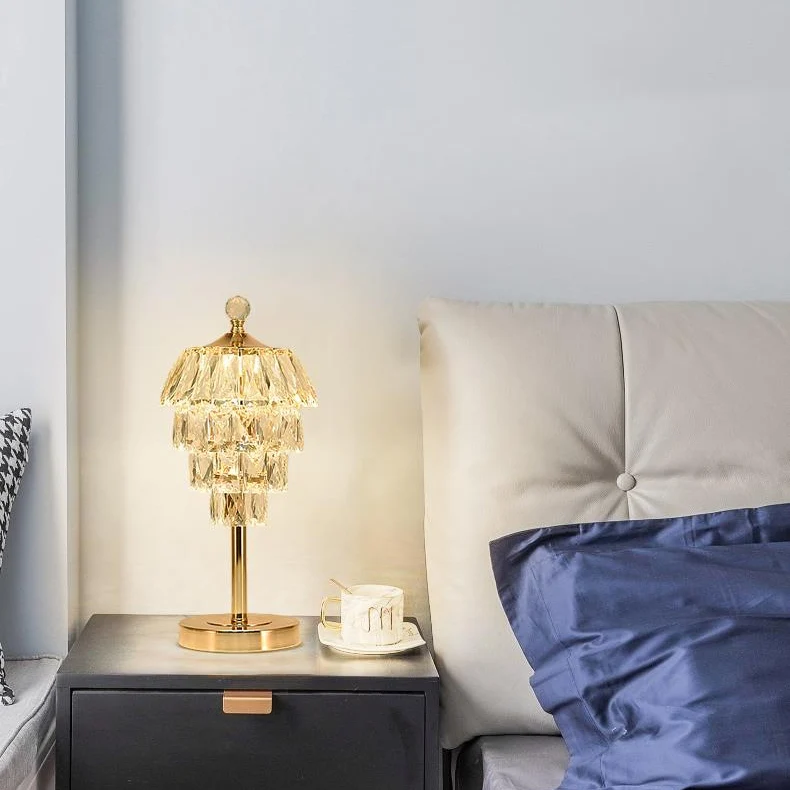 Modern Art Deco Round Square Crystal Shade Metal LED Table Lamp For Bedroom