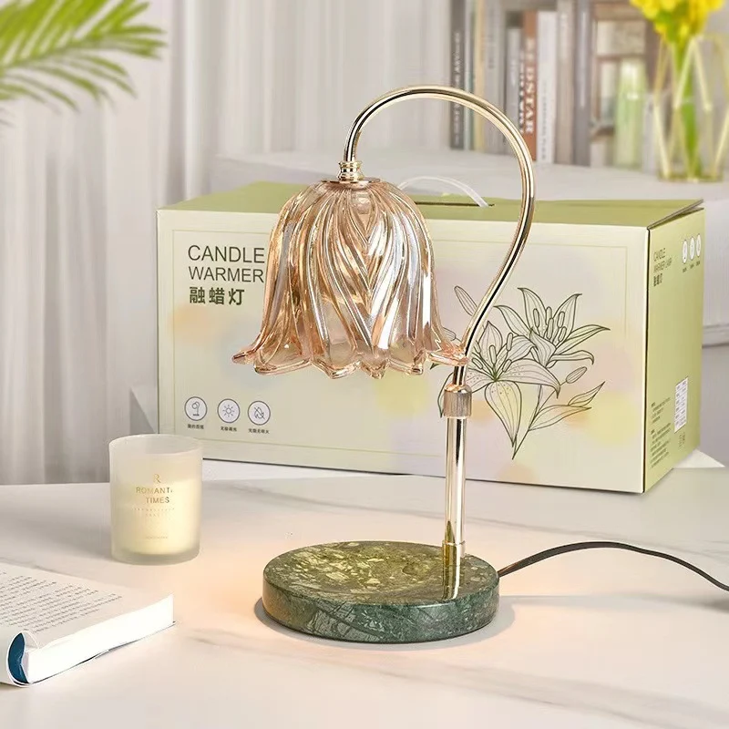 Modern Art Deco Liftable Flower Round Marble Iron Glass 2-Light Melting Wax Table Lamp For Bedroom