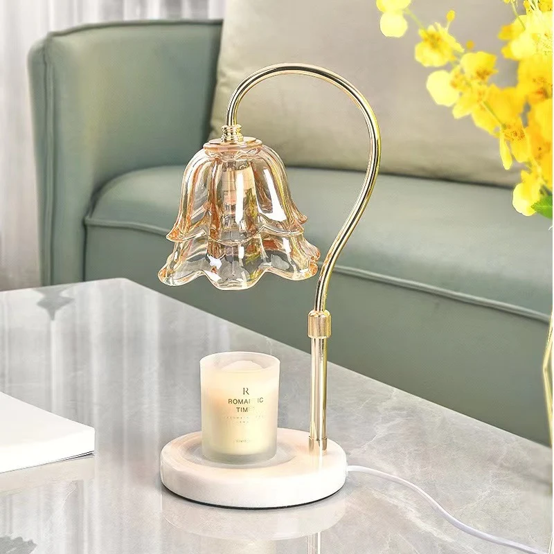 Modern Art Deco Liftable Flower Round Marble Iron Glass 2-Light Melting Wax Table Lamp For Bedroom