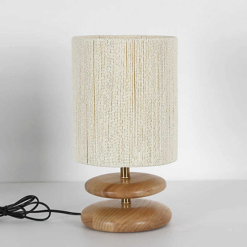 Modern Mid-Century Round Cylindrical Ash Wood Paper Rope Hardware 1-Light Table Lamp For Bedroom