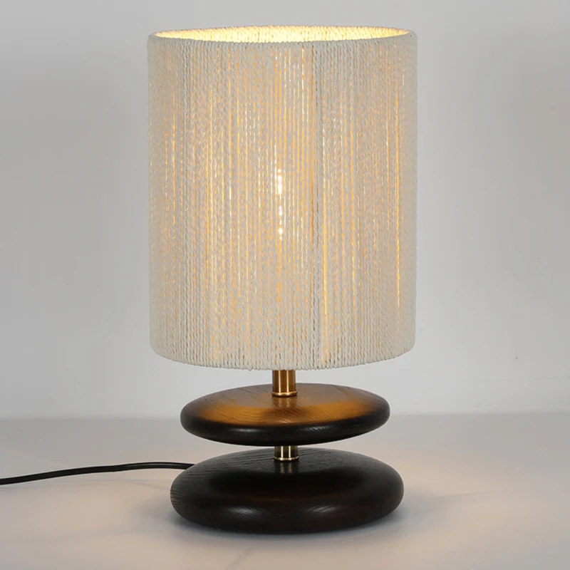 Modern Mid-Century Round Cylindrical Ash Wood Paper Rope Hardware 1-Light Table Lamp For Bedroom