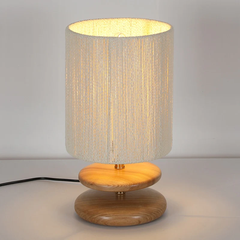 Modern Mid-Century Round Cylindrical Ash Wood Paper Rope Hardware 1-Light Table Lamp For Bedroom