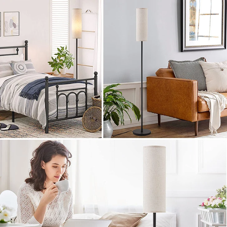 Modern Minimalist Cylinder Long Rod Iron Fabric 1-Light Standing Floor Lamp For Bedroom