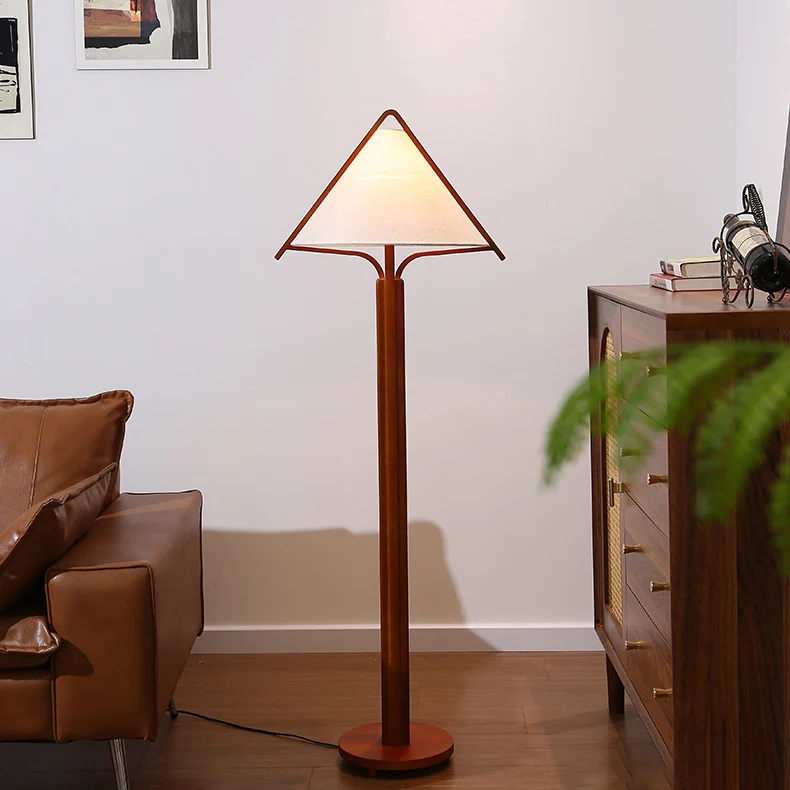 Traditional Vintage Triangle Shape Round Cone Wood Linen 1-Light Standing Floor Lamp For Bedroom