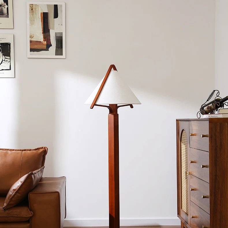 Traditional Vintage Triangle Shape Round Cone Wood Linen 1-Light Standing Floor Lamp For Bedroom