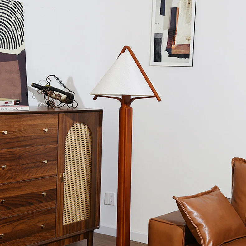 Traditional Vintage Triangle Shape Round Cone Wood Linen 1-Light Standing Floor Lamp For Bedroom