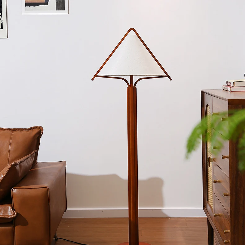 Traditional Vintage Triangle Shape Round Cone Wood Linen 1-Light Standing Floor Lamp For Bedroom