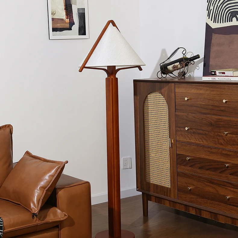 Traditional Vintage Triangle Shape Round Cone Wood Linen 1-Light Standing Floor Lamp For Bedroom