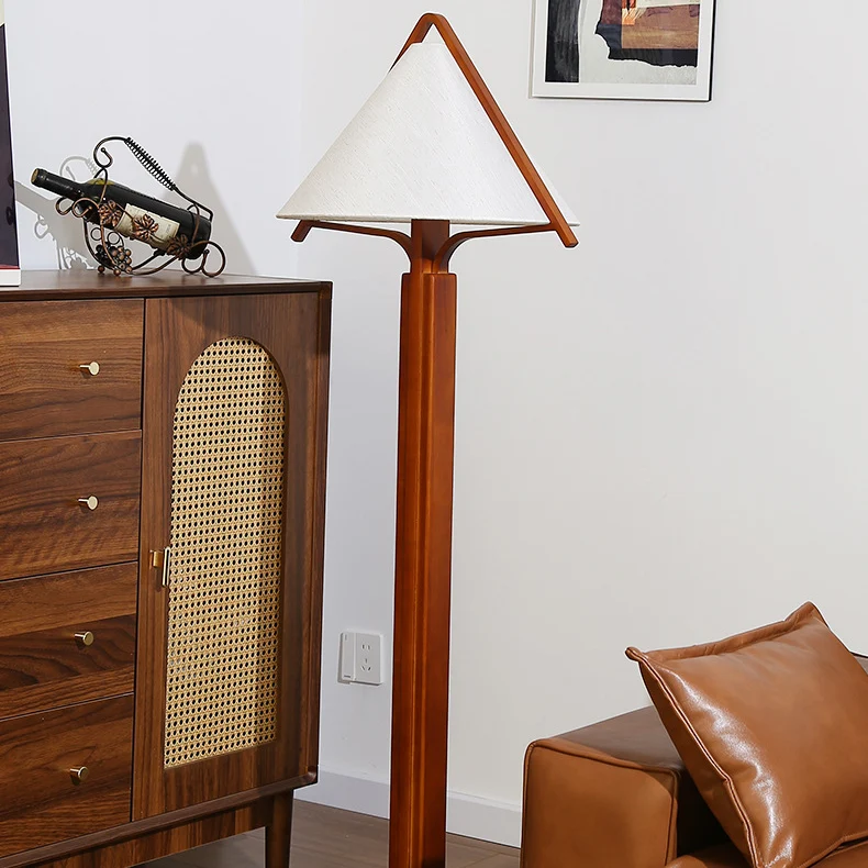 Traditional Vintage Triangle Shape Round Cone Wood Linen 1-Light Standing Floor Lamp For Bedroom