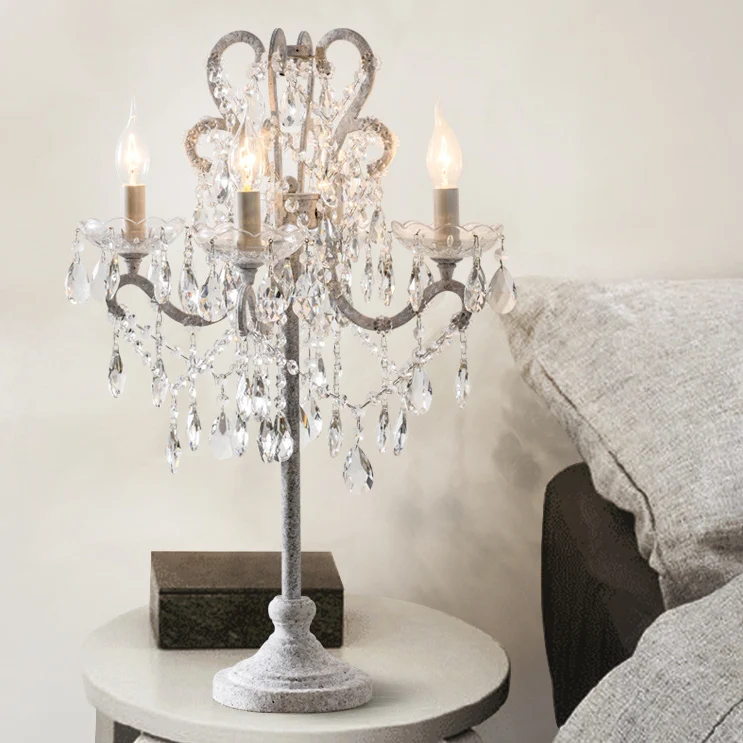 Traditional Vintage Iron Glass Crystal Pendant Candlestick 4-Light Table Lamp For Bedroom