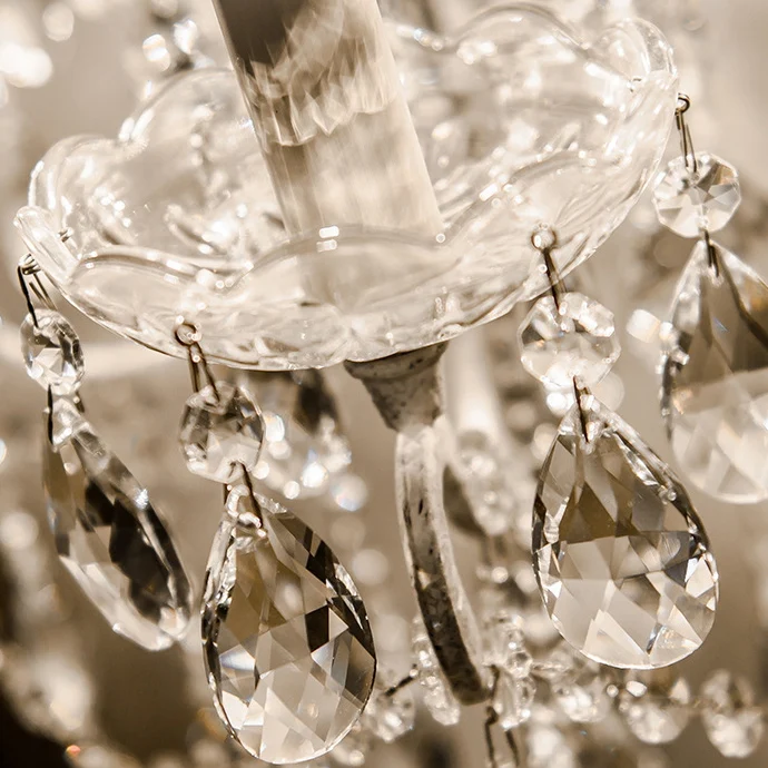 Traditional Vintage Iron Glass Crystal Pendant Candlestick 4-Light Table Lamp For Bedroom