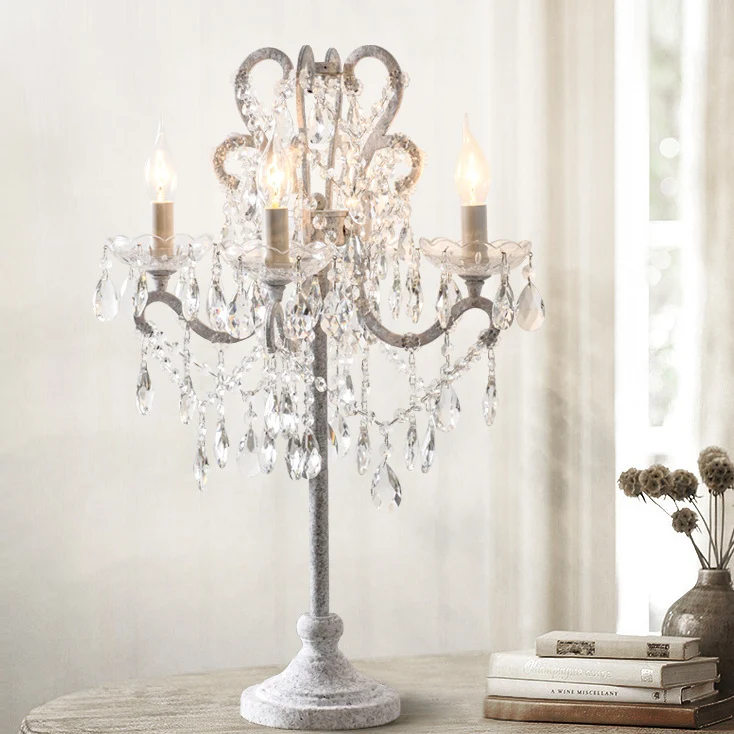 Traditional Vintage Iron Glass Crystal Pendant Candlestick 4-Light Table Lamp For Bedroom