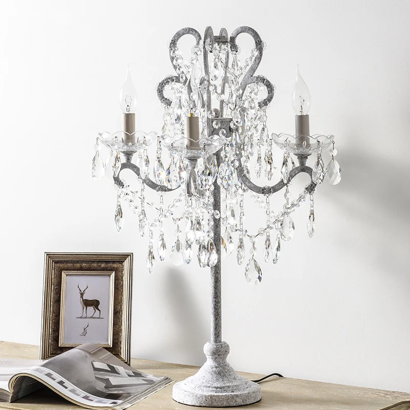 Traditional Vintage Iron Glass Crystal Pendant Candlestick 4-Light Table Lamp For Bedroom