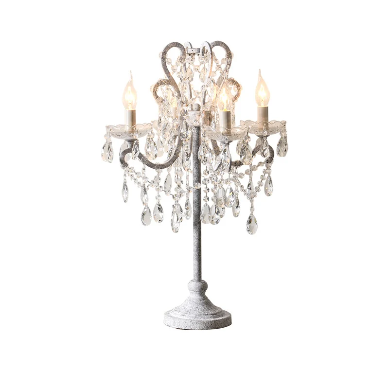 Traditional Vintage Iron Glass Crystal Pendant Candlestick 4-Light Table Lamp For Bedroom