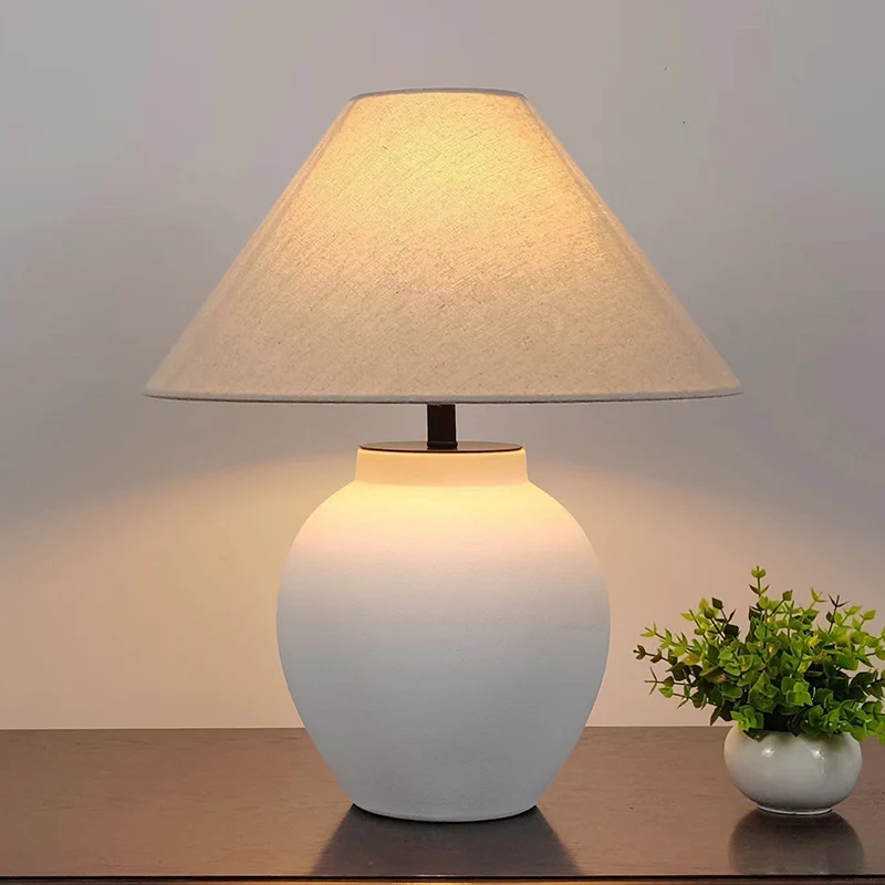 Traditional Japanese Tapered Round Fabric Ceramic 1-Light Table Lamp For Living Room