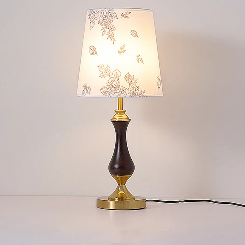 Contemporary Retro Solid Wood Metal Fabric Cylinder Printed Flower 1-Light Table Lamp For Bedroom