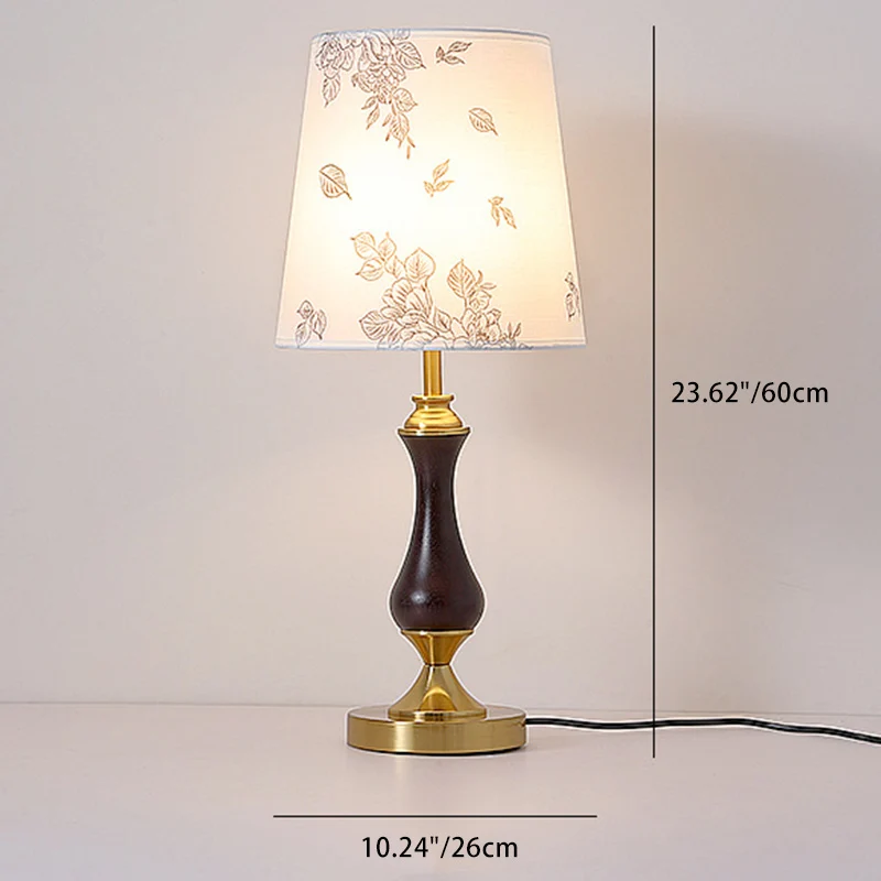 Contemporary Retro Solid Wood Metal Fabric Cylinder Printed Flower 1-Light Table Lamp For Bedroom