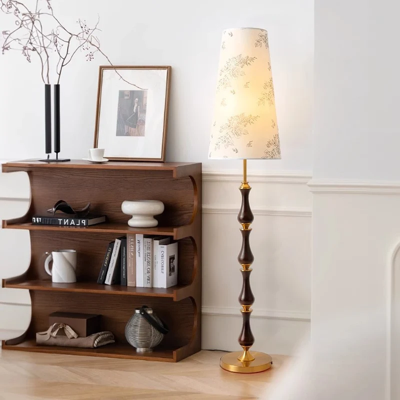 Contemporary Retro Solid Wood Metal Fabric Cylinder Printed Flower 1-Light Standing Floor Lamp For Living Room
