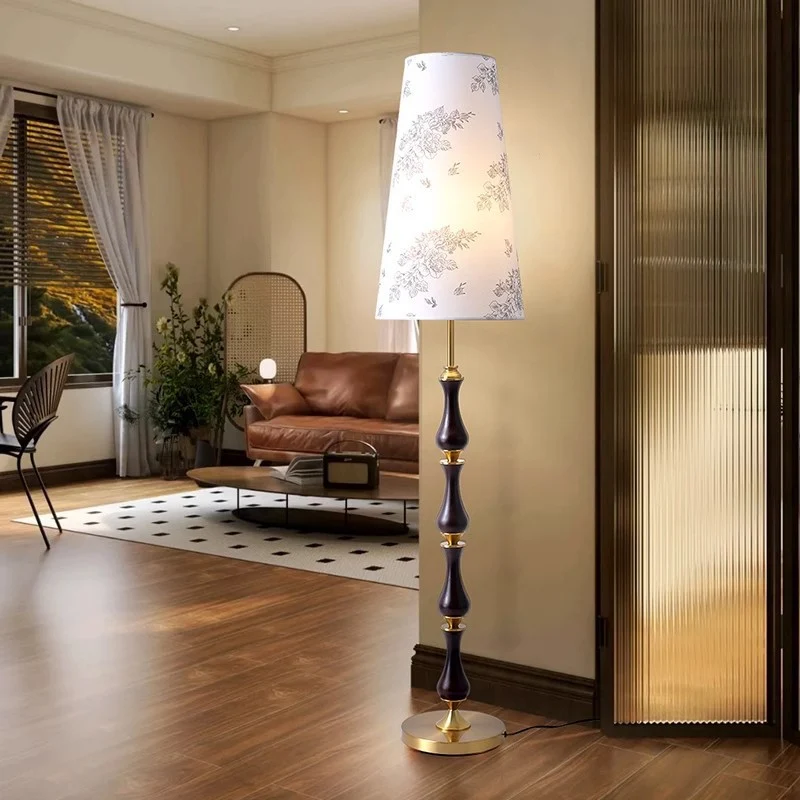 Contemporary Retro Solid Wood Metal Fabric Cylinder Printed Flower 1-Light Standing Floor Lamp For Living Room