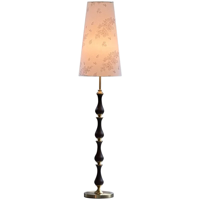 Contemporary Retro Solid Wood Metal Fabric Cylinder Printed Flower 1-Light Standing Floor Lamp For Living Room