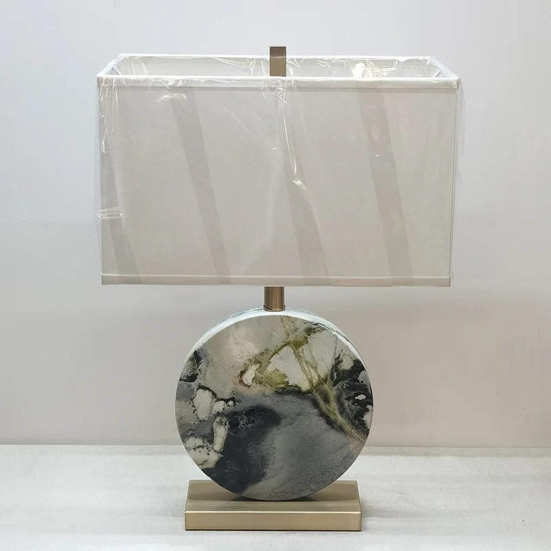 Traditional Chinese Square Round Fabric Marble Iron 1-Light Table Lamp For Living Room