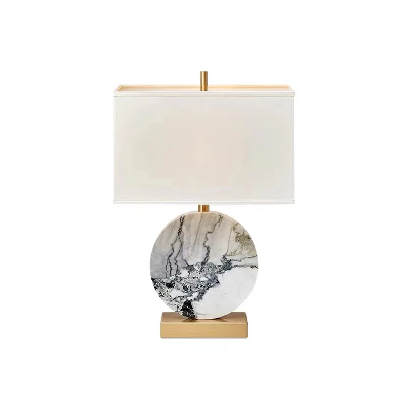 Traditional Chinese Square Round Fabric Marble Iron 1-Light Table Lamp For Living Room