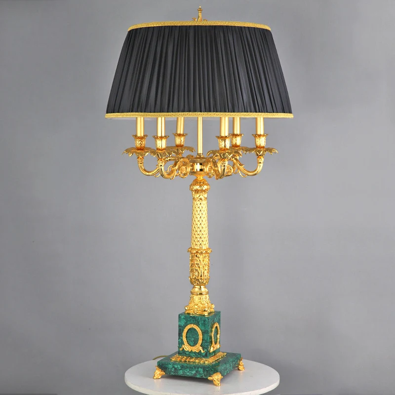 Traditional Luxury Brass Fabric Peacock Gemstone Column Carved 6-Light Table Lamp For Bedroom