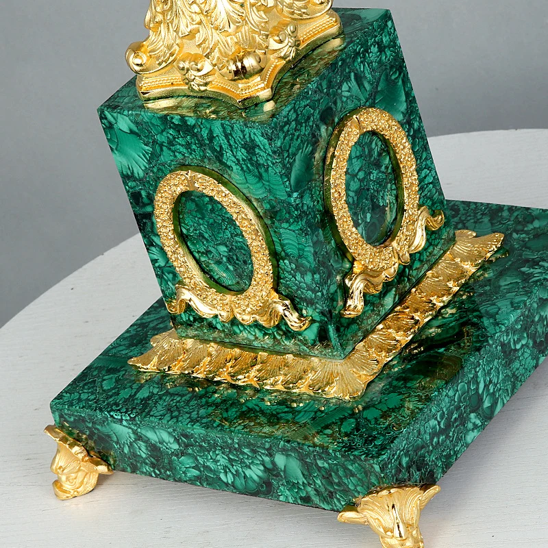 Traditional Luxury Brass Fabric Peacock Gemstone Column Carved 6-Light Table Lamp For Bedroom