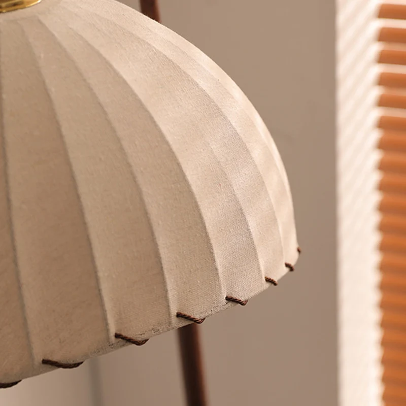 Contemporary Retro Wood Iron Fabric Dome Round Shelf 1-Light Standing Floor Lamp For Living Room