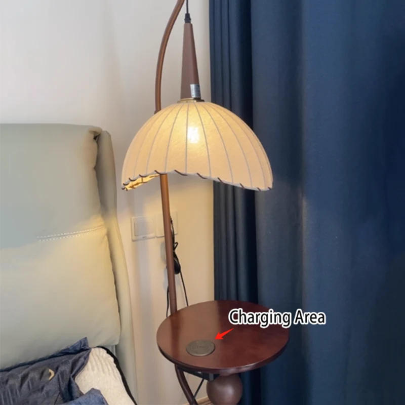 Contemporary Retro Wood Iron Fabric Dome Round Shelf 1-Light Standing Floor Lamp For Living Room