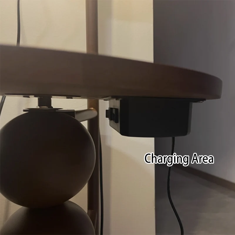 Contemporary Retro Wood Iron Fabric Dome Round Shelf 1-Light Standing Floor Lamp For Living Room