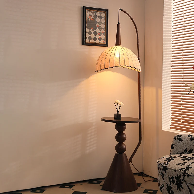 Contemporary Retro Wood Iron Fabric Dome Round Shelf 1-Light Standing Floor Lamp For Living Room