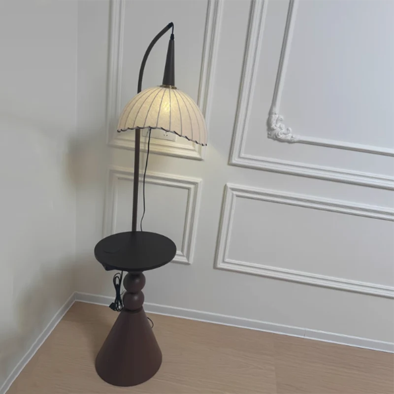 Contemporary Retro Wood Iron Fabric Dome Round Shelf 1-Light Standing Floor Lamp For Living Room