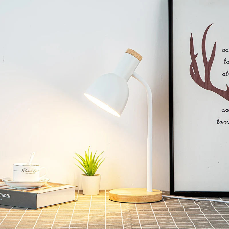 Modern Minimalist Round Horn Shape Iron Shade Wood Base 1-Light Table Lamp For Bedroom