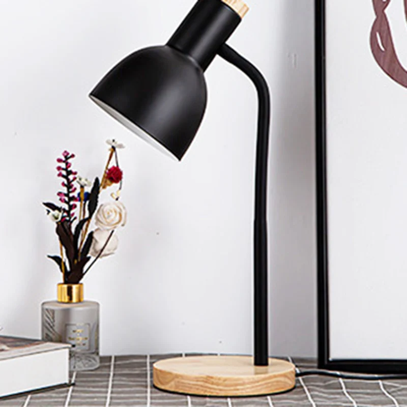 Modern Minimalist Round Horn Shape Iron Shade Wood Base 1-Light Table Lamp For Bedroom