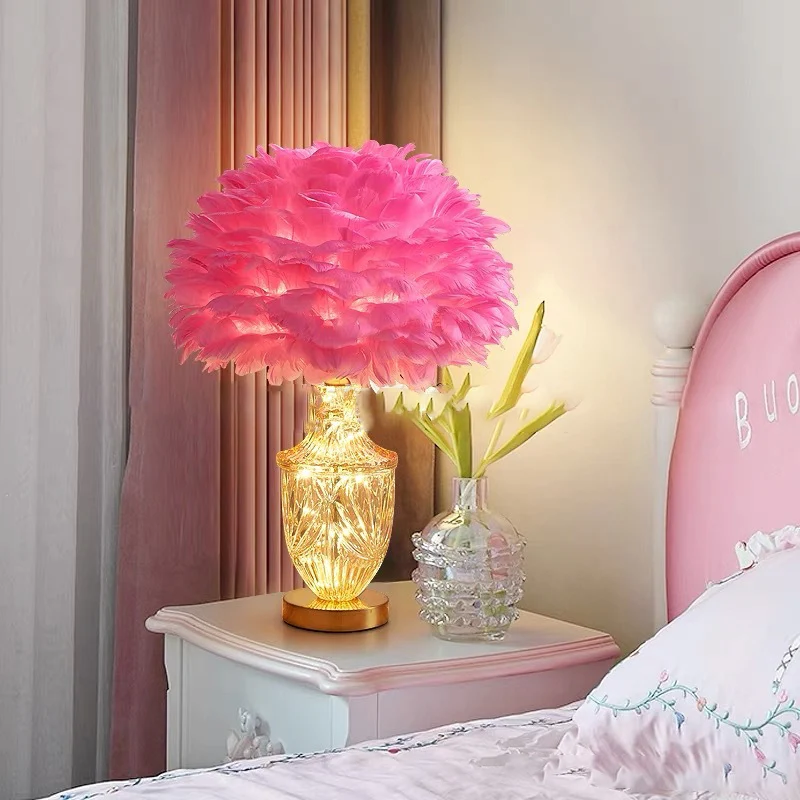 Contemporary Scandinavian Oval Flower Cluster Disc Base Feather Metal Glass 1-Light Table Lamp For Bedroom