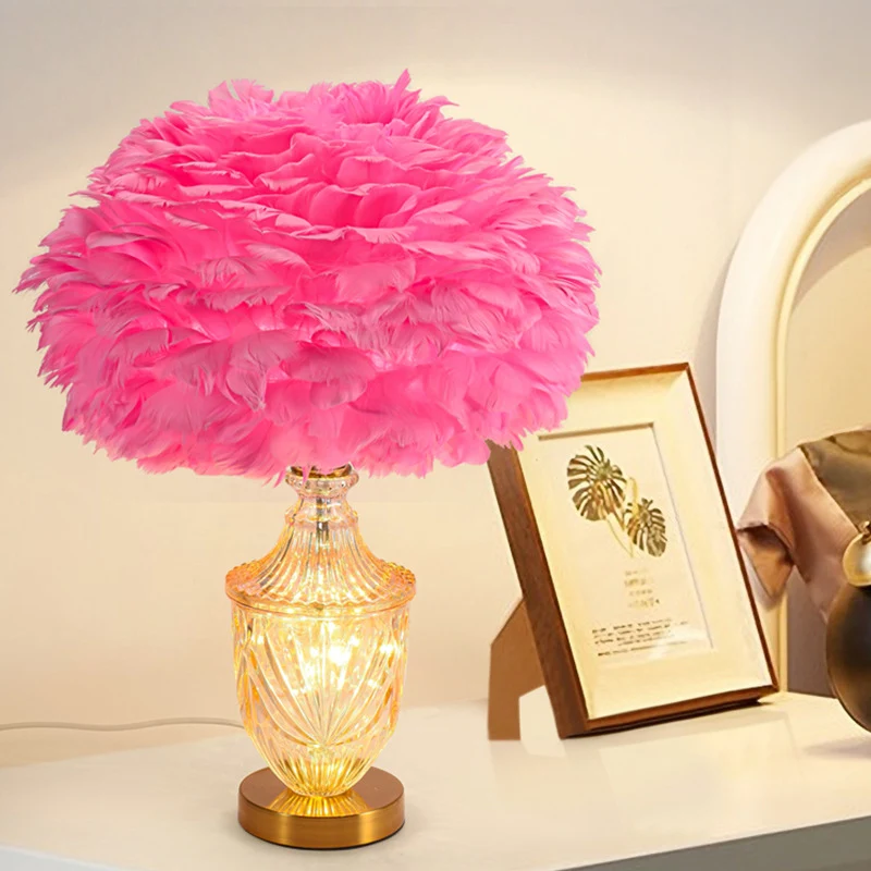 Contemporary Scandinavian Oval Flower Cluster Disc Base Feather Metal Glass 1-Light Table Lamp For Bedroom