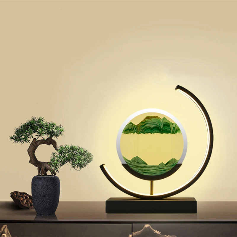 Contemporary Creative USB Rechargeable Metal Acrylic Round Quicksand Drawing LED Table Lamp Night Light For Bedside