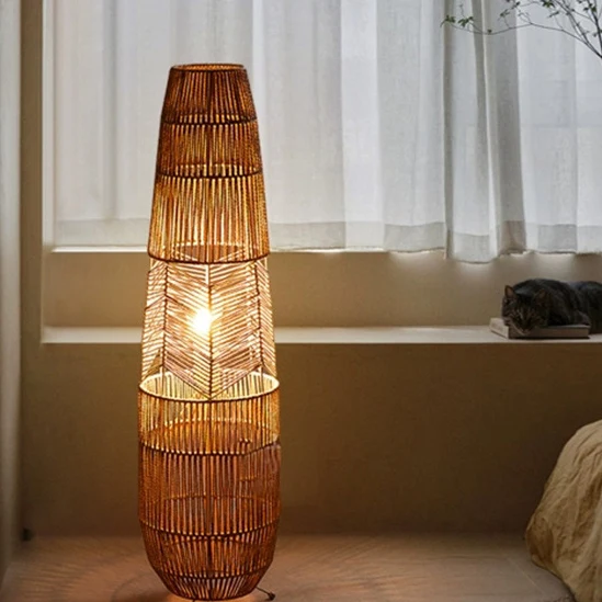 Traditional Japanese Weaving Iron Paper Cord Column Basket 1-Light Standing Floor Lamp For Living Room