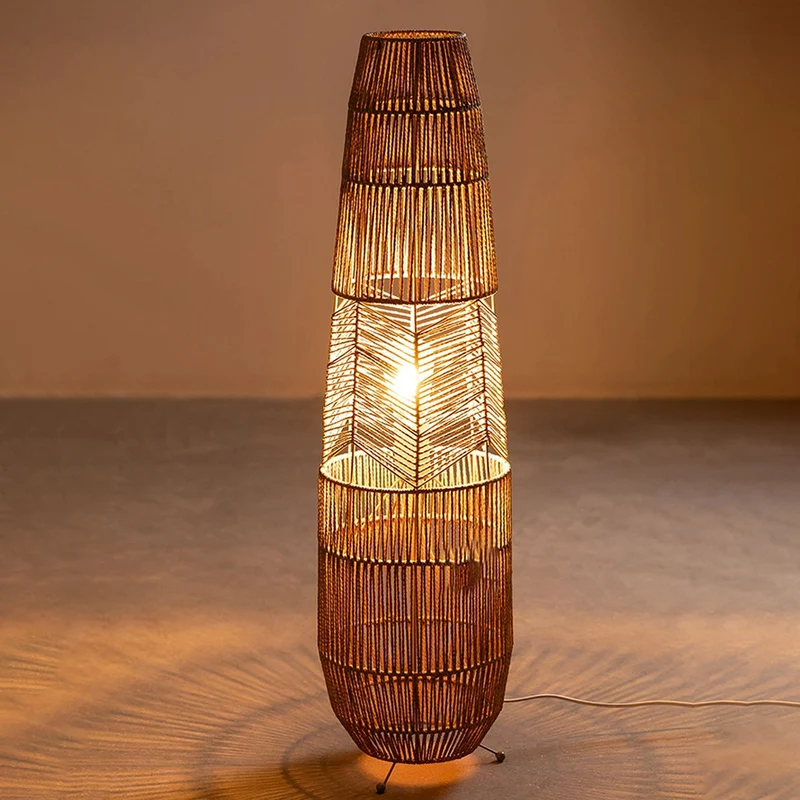 Traditional Japanese Weaving Iron Paper Cord Column Basket 1-Light Standing Floor Lamp For Living Room