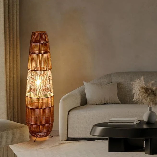 Traditional Japanese Weaving Iron Paper Cord Column Basket 1-Light Standing Floor Lamp For Living Room