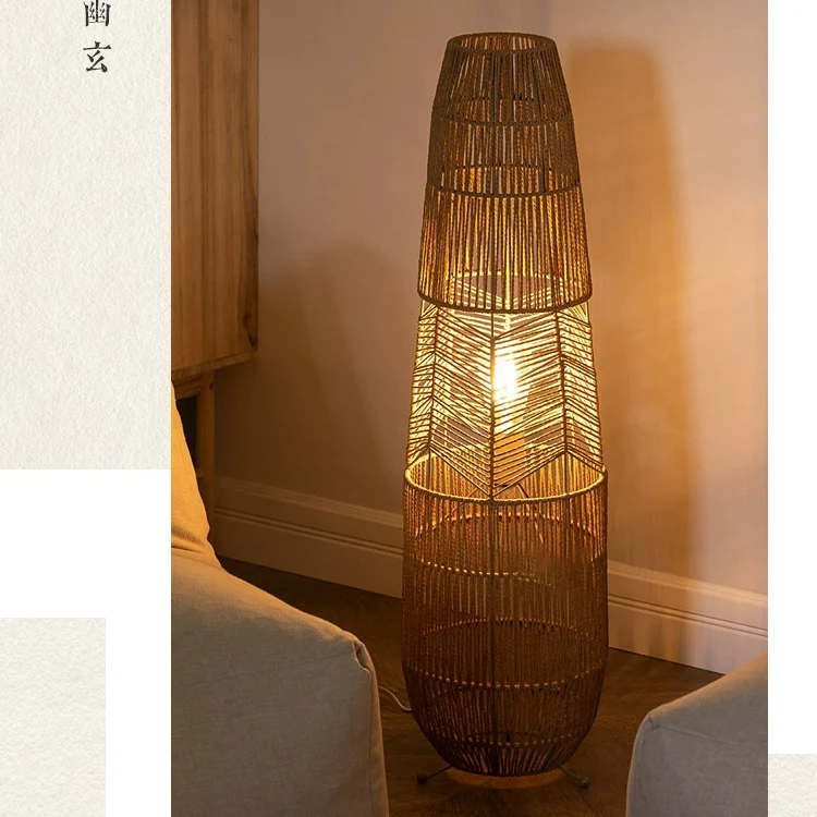 Traditional Japanese Weaving Iron Paper Cord Column Basket 1-Light Standing Floor Lamp For Living Room
