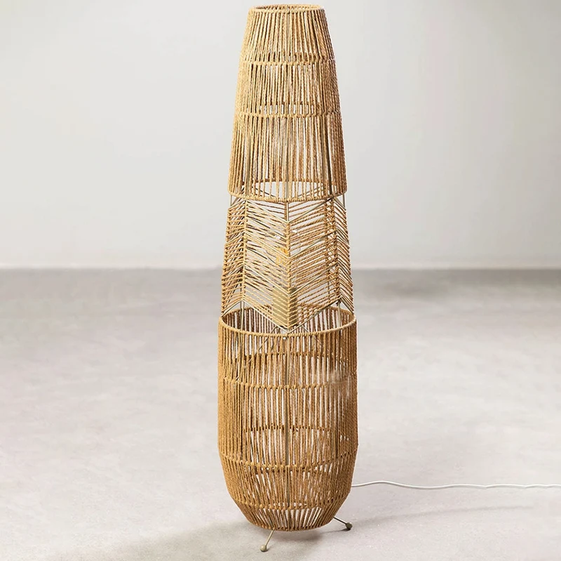 Traditional Japanese Weaving Iron Paper Cord Column Basket 1-Light Standing Floor Lamp For Living Room