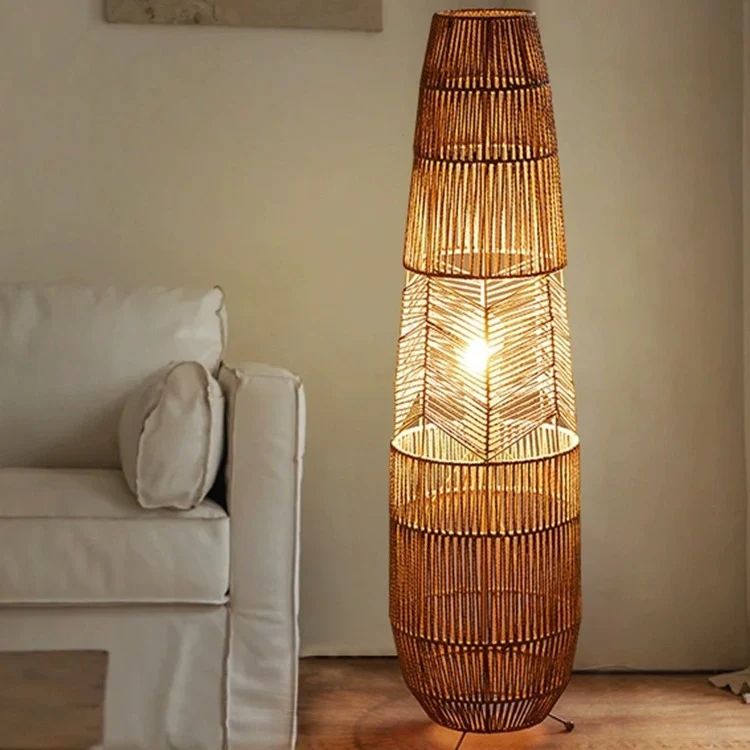 Traditional Japanese Weaving Iron Paper Cord Column Basket 1-Light Standing Floor Lamp For Living Room