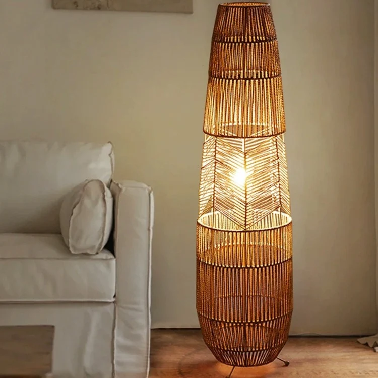Traditional Japanese Weaving Iron Paper Cord Column Basket 1-Light Standing Floor Lamp For Living Room