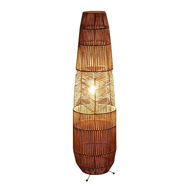 Traditional Japanese Weaving Iron Paper Cord Column Basket 1-Light Standing Floor Lamp For Living Room